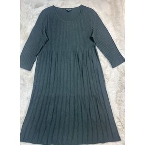 Eileen Fisher Green Ribbed Pleated Wool Sleeved Sweater Dress Size S /P
